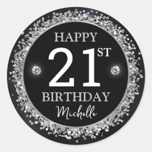 Black and Silver Glitter Confetti Birthday Classic Round Sticker