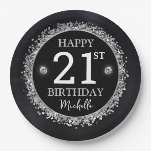 Black and Silver Glitter Confetti Birthday Paper Plate