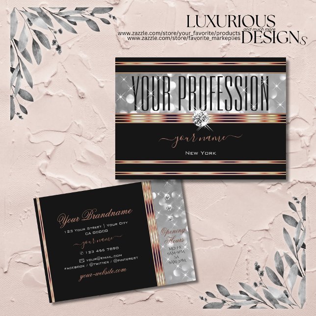 Black and Silver Glitter Diamonds Rose Gold Border Business Card (Creator Uploaded)