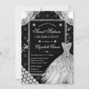Black and Silver Glitter Dress Sweet Sixteen Invitation