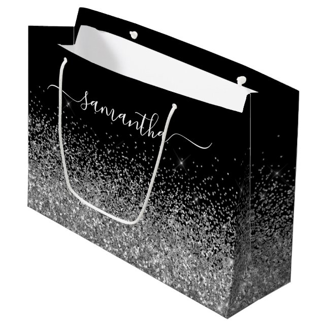 Black and Silver Glitter Elegant Name Large Gift Bag (Front Angled)
