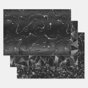 Black and Silver Glitter Geometric Patterns Wrapping Paper Sheet