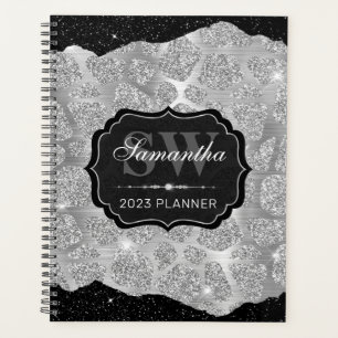 Black and Silver Glitter Giraffe Spots Monogram Planner