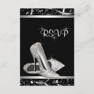 Black and Silver Glitter High Heel Shoe RSVP Card