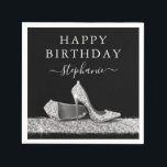 Black and Silver Glitter High Heels Birthday Napkin<br><div class="desc">Elegant and Chic Modern Silver and Black Happy Birthday Personalised Napkins with Faux Glitter Silver High Heel Stiletto Shoes and custom name calligraphy script cursive in black and white.</div>