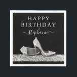 Black and Silver Glitter High Heels Birthday Napkin<br><div class="desc">Elegant and Chic Modern Silver and Black Happy Birthday Personalised Napkins with Faux Glitter Silver High Heel Stiletto Shoes and custom name calligraphy script cursive in black and white.</div>