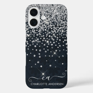 Black and Silver Glitter Jewelled Monogram Name iPhone 16 Case