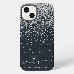 Black and Silver Glitter Jewelled Monogram Name  iPhone 13 Case