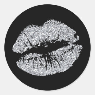 Black and Silver Glitter Lips Classic Round Sticker