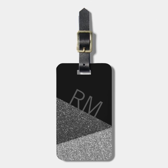 Black and Silver Glitter Modern Monogram Luggage Tag (Front Vertical)
