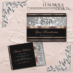 Black and Silver Glitter Monogram Rose Gold Border Business Card