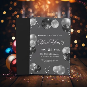 Black and Silver Glitter New Year's Eve Party  Invitation