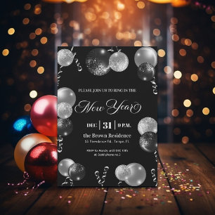 Black and Silver Glitter New Year's Eve Party Invitation