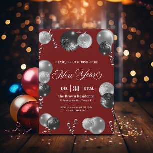 Black and Silver Glitter New Year's Eve Party Invitation