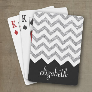 Black and Silver Glitter Print Chevron and Name Playing Cards