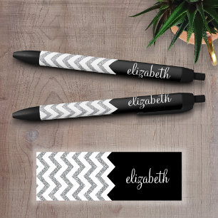 Black and Silver Glitter Print Chevrons and Name Ink Pen
