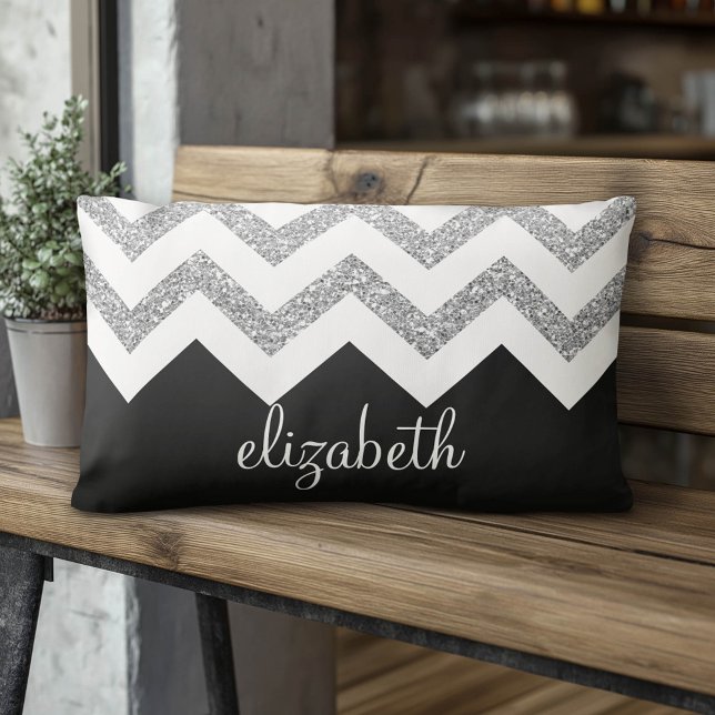 Black and Silver Glitter Print Chevrons and Name Lumbar Cushion (Custom Pillow)