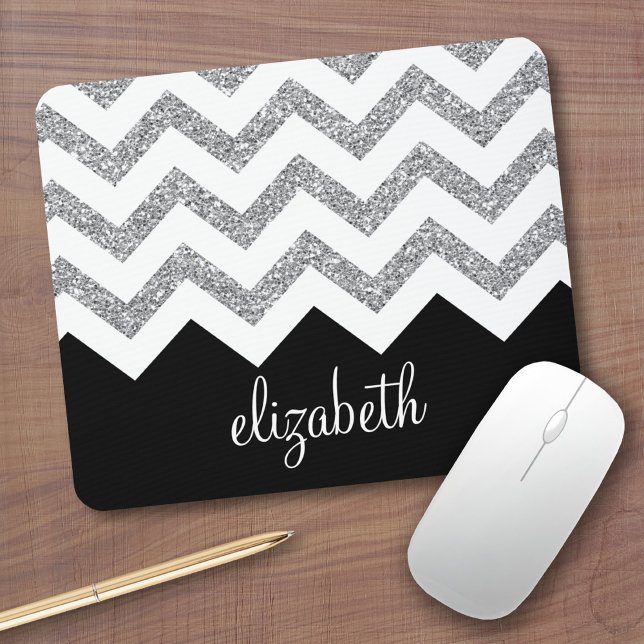Black and Silver Glitter Print Chevrons and Name Mouse Pad (Personalized mousepad - Add Photos and Custom Text)