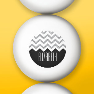 Black and Silver Glitter Print Chevrons and Name Ping Pong Ball