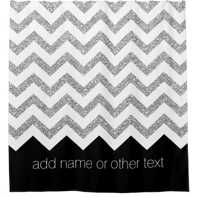 Black and Silver Glitter Print Chevrons and Name Shower Curtain (Front)