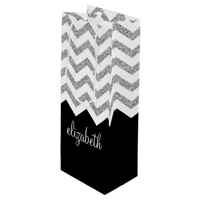 Black and Silver Glitter Print Chevrons and Name Wine Gift Bag (Front Angled)