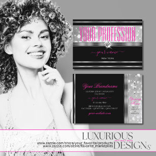 Black and Silver Glitter Sparkle Stars Pink Font Business Card