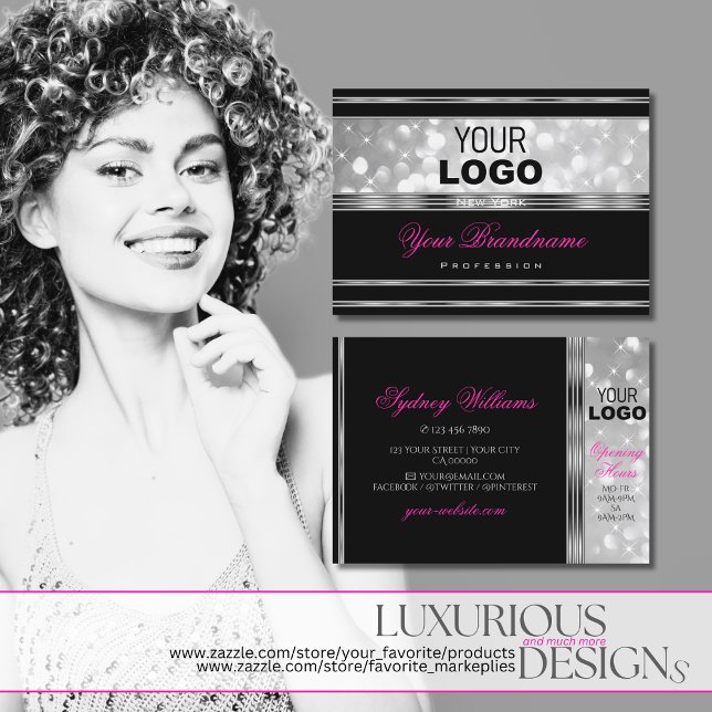 Black and Silver Glitter Stars Pink Font with Logo Business Card (Creator Uploaded)