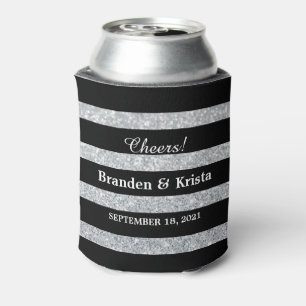 Black and Silver Glitter Stripes   Wedding Can Cooler