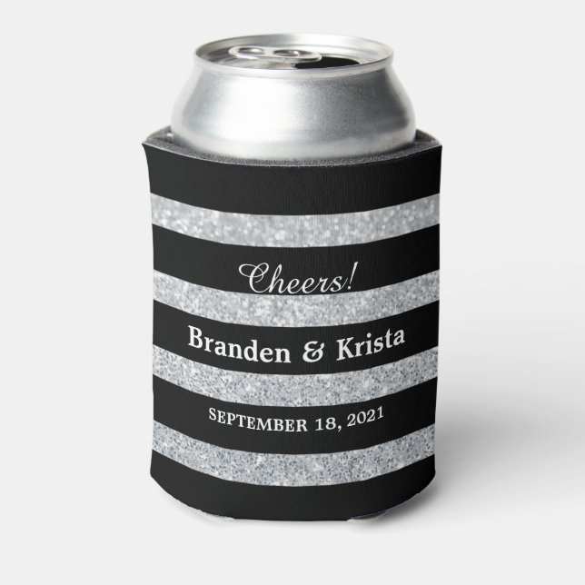 Black and Silver Glitter Stripes | Wedding Can Cooler (Can Back)