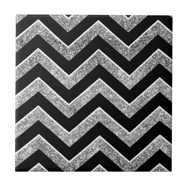Black and silver glittery  chevron ceramic tile (Front)