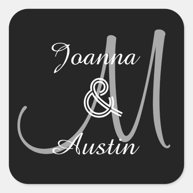 BLACK and SILVER GRAY Monogram Wedding Sticker A7 (Front)