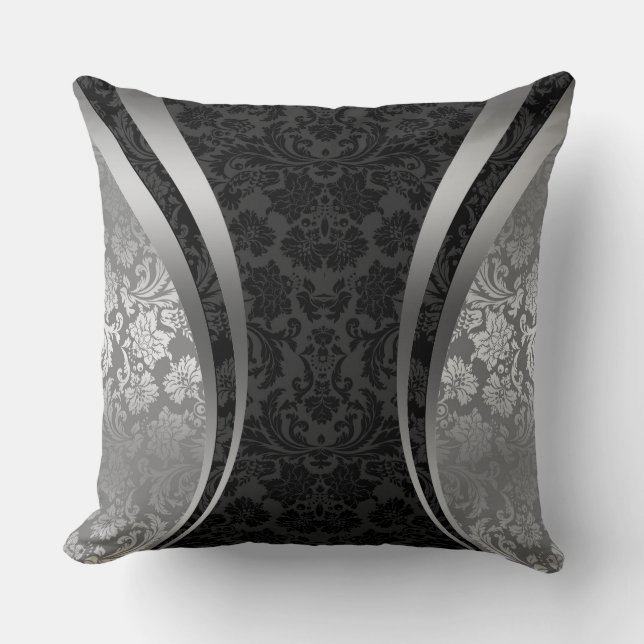 Black And Silver Grey Floral Damasks Cushion (Front)