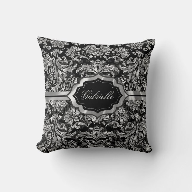 Black And Silver Grey Floral Damasks Monogramed Cushion (Front)