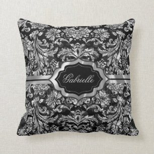 Black And Silver Grey Floral Damasks Monogramed Cushion