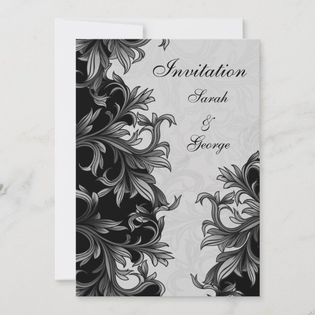 black and Silver Grey Flourish Wedding Invitation (Front)
