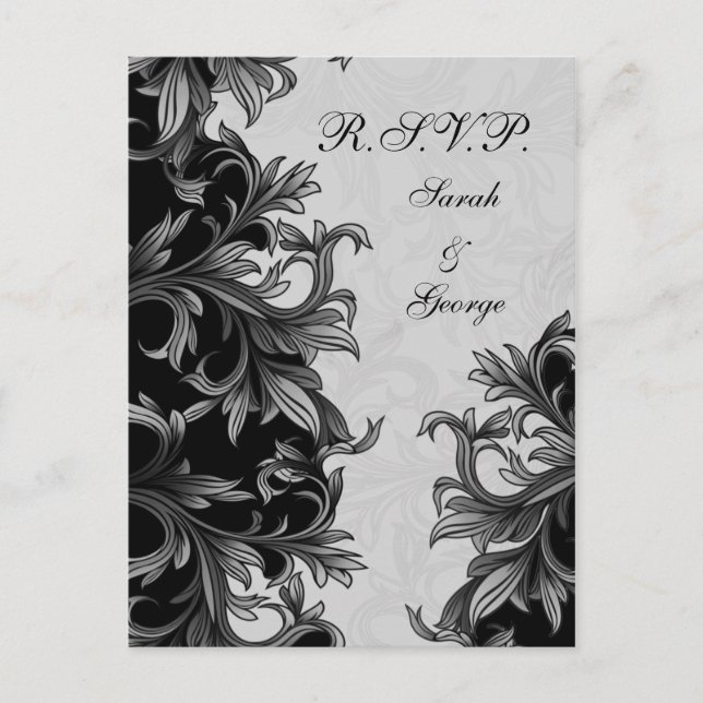 black and Silver Grey Flourish Wedding Invitation Postcard (Front)