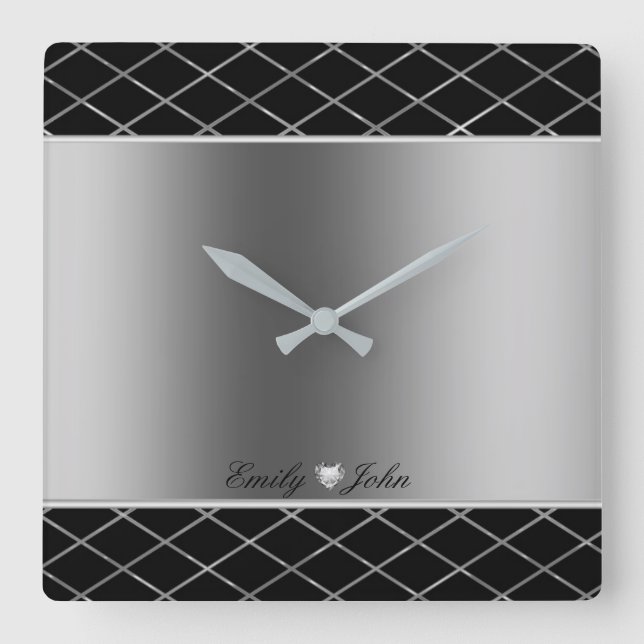 Black And Silver Grey Geometric Design Square Wall Clock (Front)