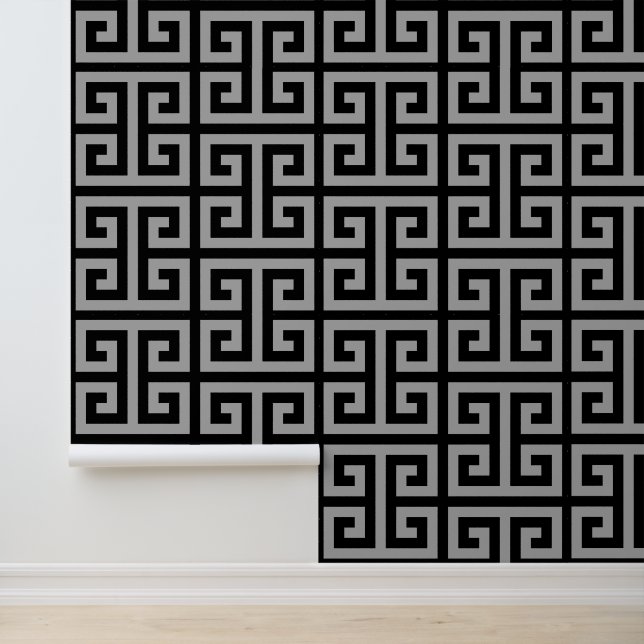 Black and Silver Grey Large Greek Key Wallpaper (Application)