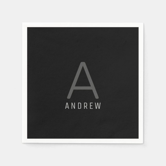 Black and Silver Grey Personalised Monogram Name Napkin (Front)