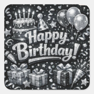 Black And Silver Happy Birthday Square Sticker