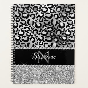 Black and Silver Leopard Girly Glam Monogram Planner
