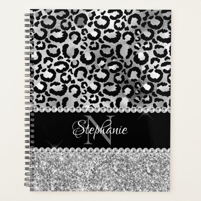 Black and Silver Leopard Girly Glam Monogram Planner (Front)