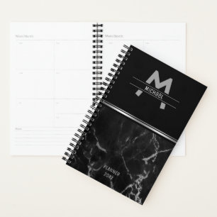 Black And Silver Marble Texture Monogram Planner