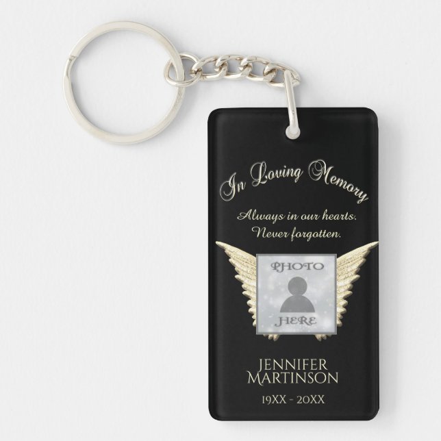 Black and Silver Memorial Angel Wings Add Photo Key Ring (Front)