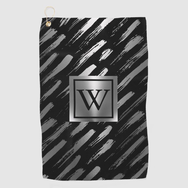 Black and Silver Metallic Abstract Golf Towel (Front)