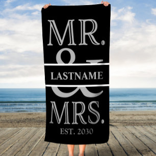 Black and Silver Mr. Mrs. Personalised Beach Towel