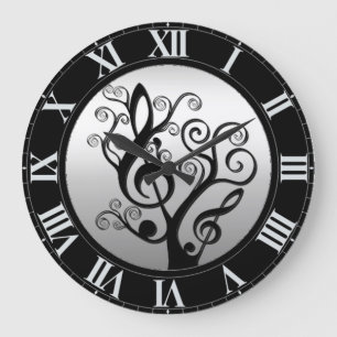 Black and Silver Music Treble Clef Tree Wall Clock