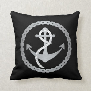 Black and Silver Nautical Anchor in Rope Circle Cushion