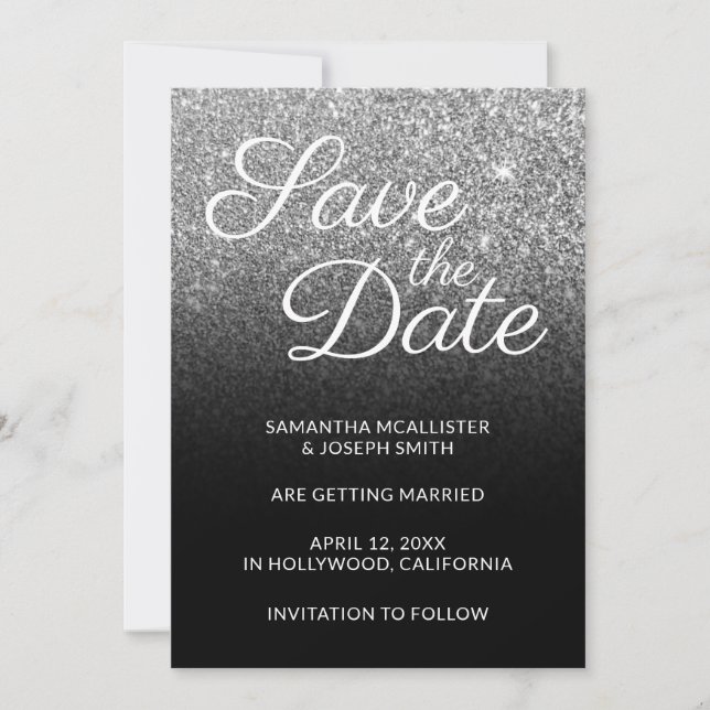 Black and Silver Ombre Glitter Save the Date Invitation (Front)