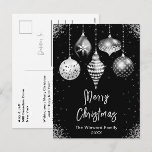 Black and Silver Ornaments Merry Christmas Holiday Postcard